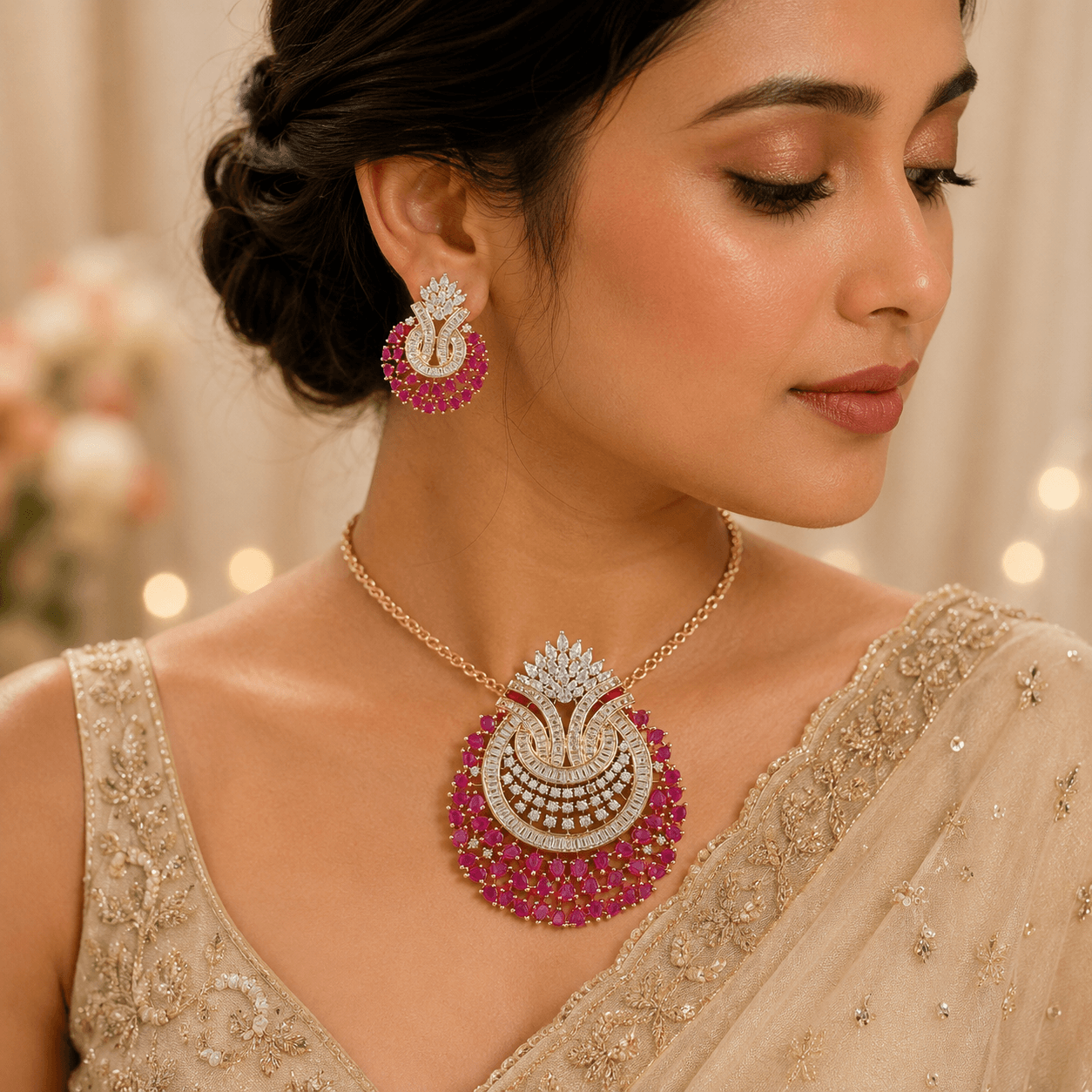 Premium Ruby Pink CZ Pendant Set for Women - Image 3