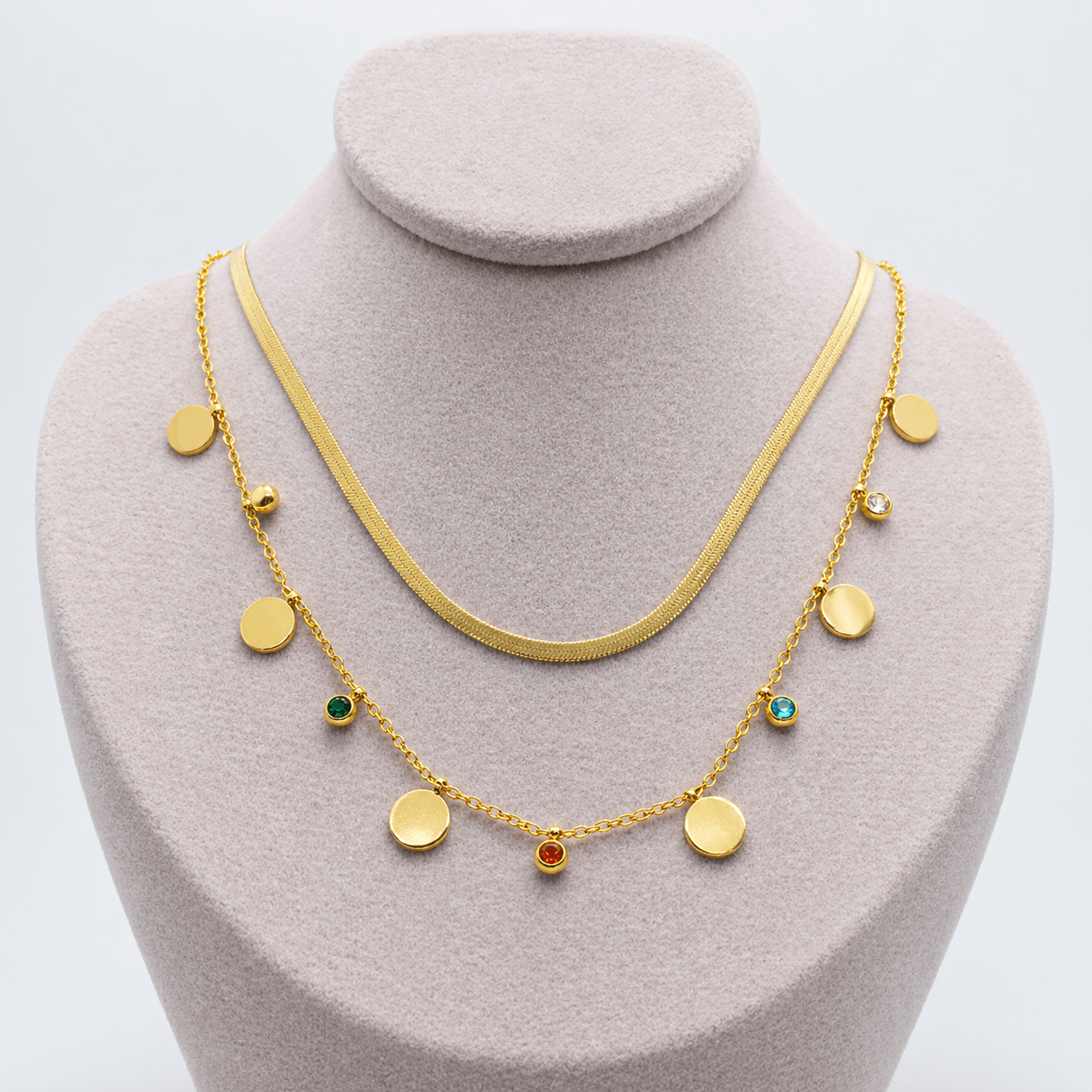 Gold Layered Disc & Crystal Charm Necklace for Women – Dual Layer Herringbone & Coin Chain