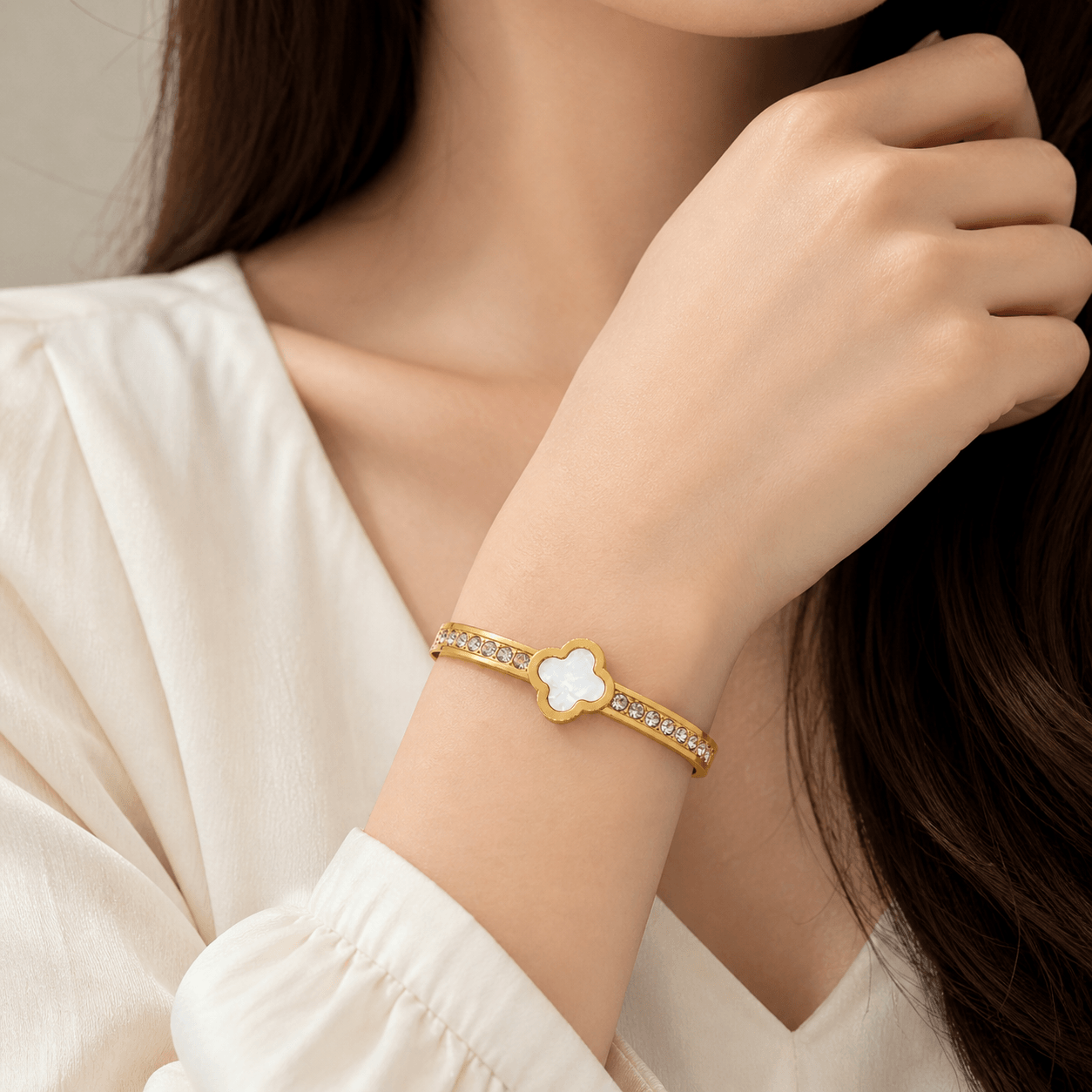 Gold-Plated Clover Charm Bracelet with Mother of Pearl & Crystal Studded Bangle for Women - Image 3