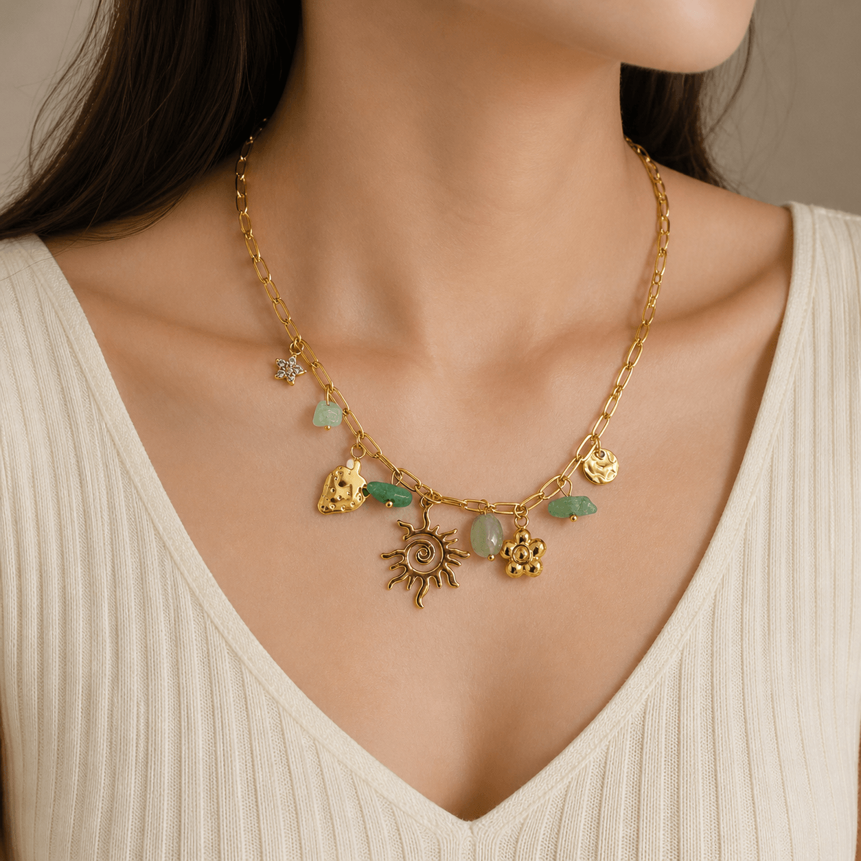 Risha Fine Jewels Gold-Toned Charm Necklace with Green Stone Accents | Trendy Artificial Jewelry for Women - Image 3