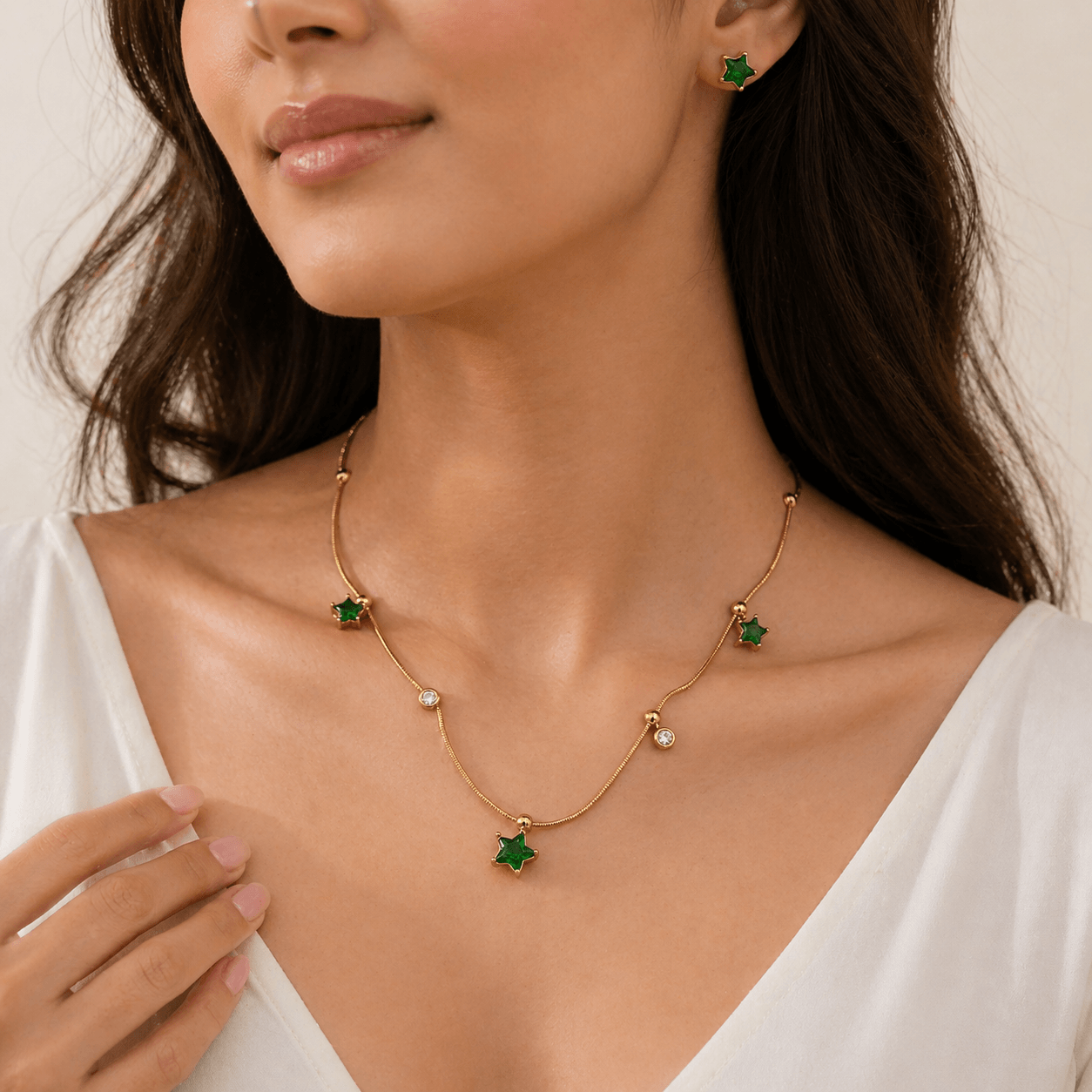 Green Star Charm Necklace & Stud Earrings Set – Elegant Gold Plated Artificial Jewelry - Image 3