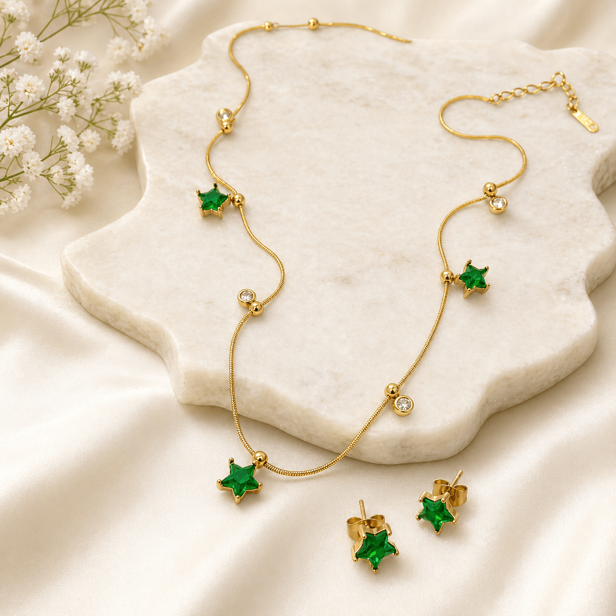 Green Star Charm Necklace & Stud Earrings Set – Elegant Gold Plated Artificial Jewelry - Image 2