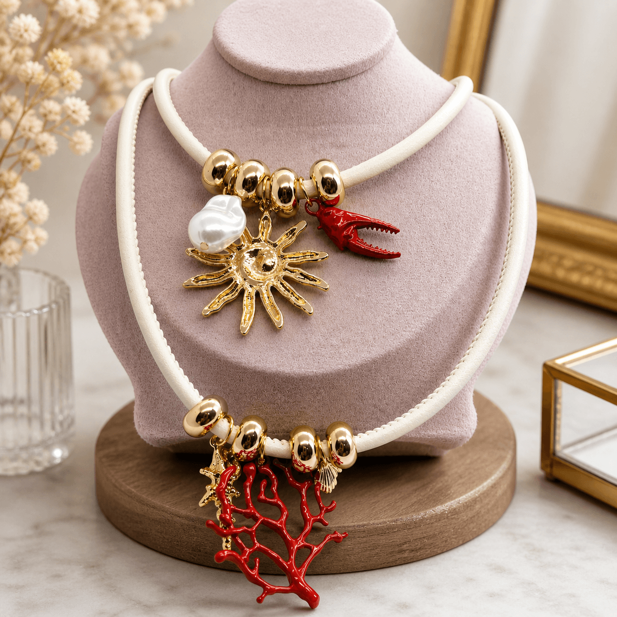 Ocean Charm Statement Necklace – Gold-Plated Beads, Pearl, Coral & Sun Pendant Designer Artificial Jewelry - Image 2