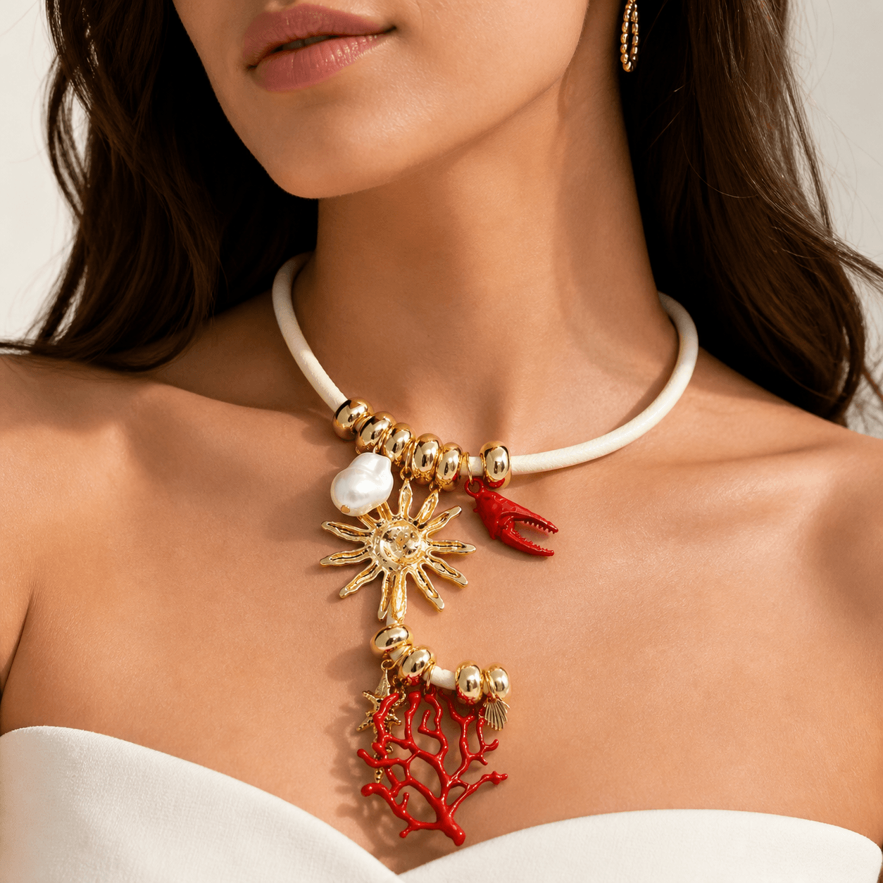 Ocean Charm Statement Necklace – Gold-Plated Beads, Pearl, Coral & Sun Pendant Designer Artificial Jewelry - Image 3