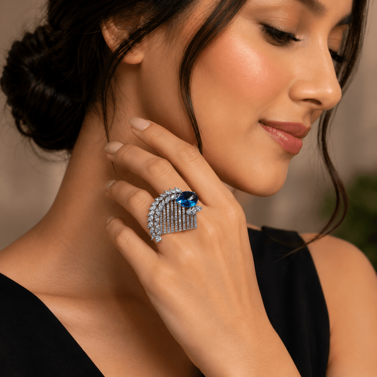 Royal Blue Crystal Statement Ring – Luxury CZ Cocktail Ring for Women - Image 3