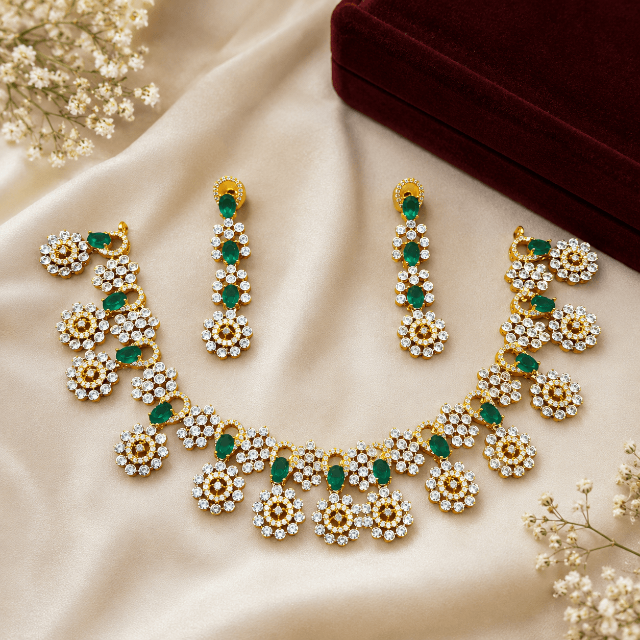 Royal Green Stone Traditional Jewelry Set with Earrings - Image 2