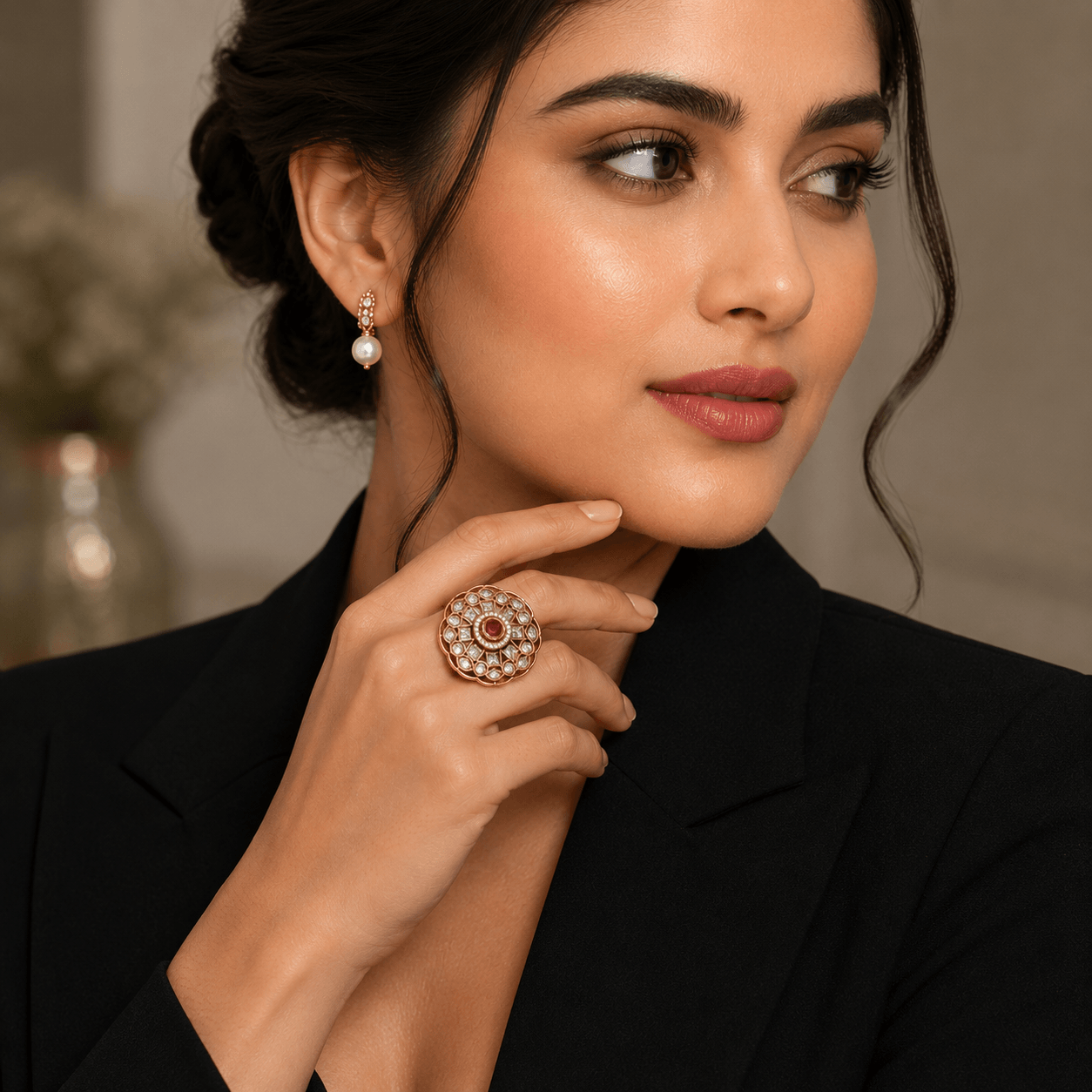 Royal Ruby Floral Statement Ring – CZ Cocktail Ring for Women - Image 3