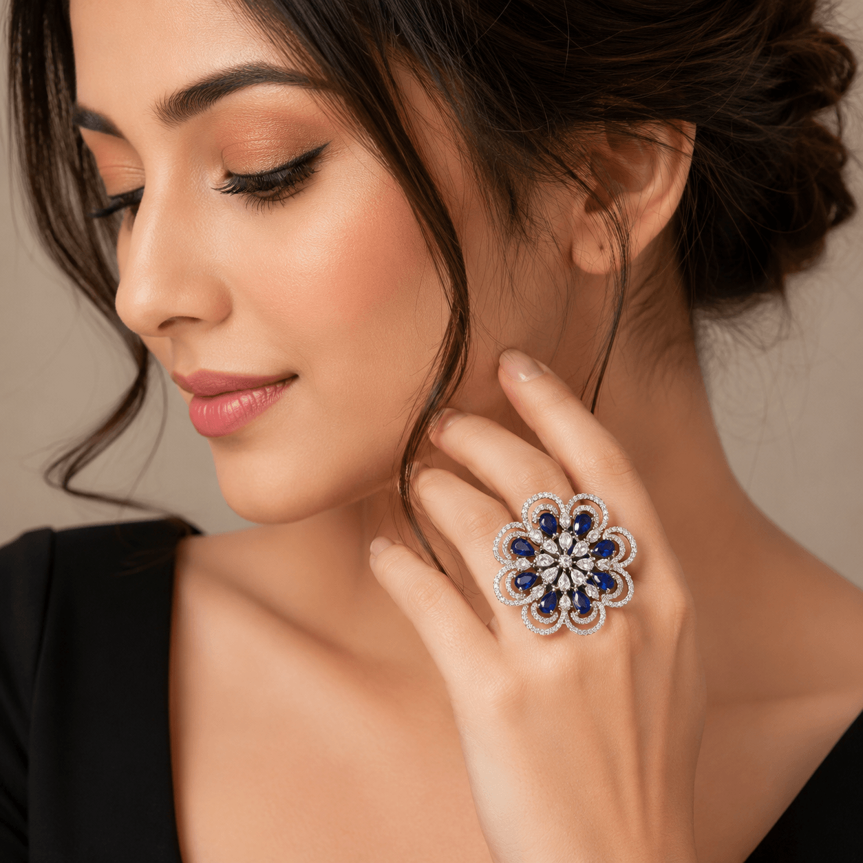 Royal Sapphire Bloom Statement Ring – Luxury Crystal Floral Cocktail Ring for Women - Image 3