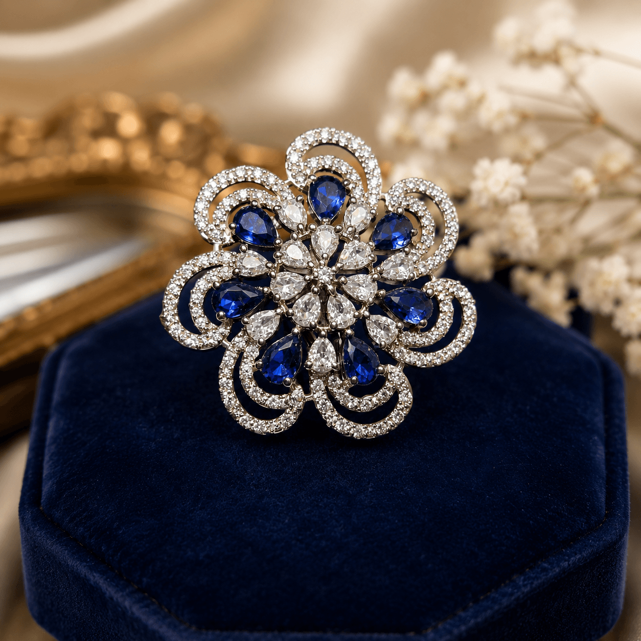 Royal Sapphire Bloom Statement Ring – Luxury Crystal Floral Cocktail Ring for Women - Image 2