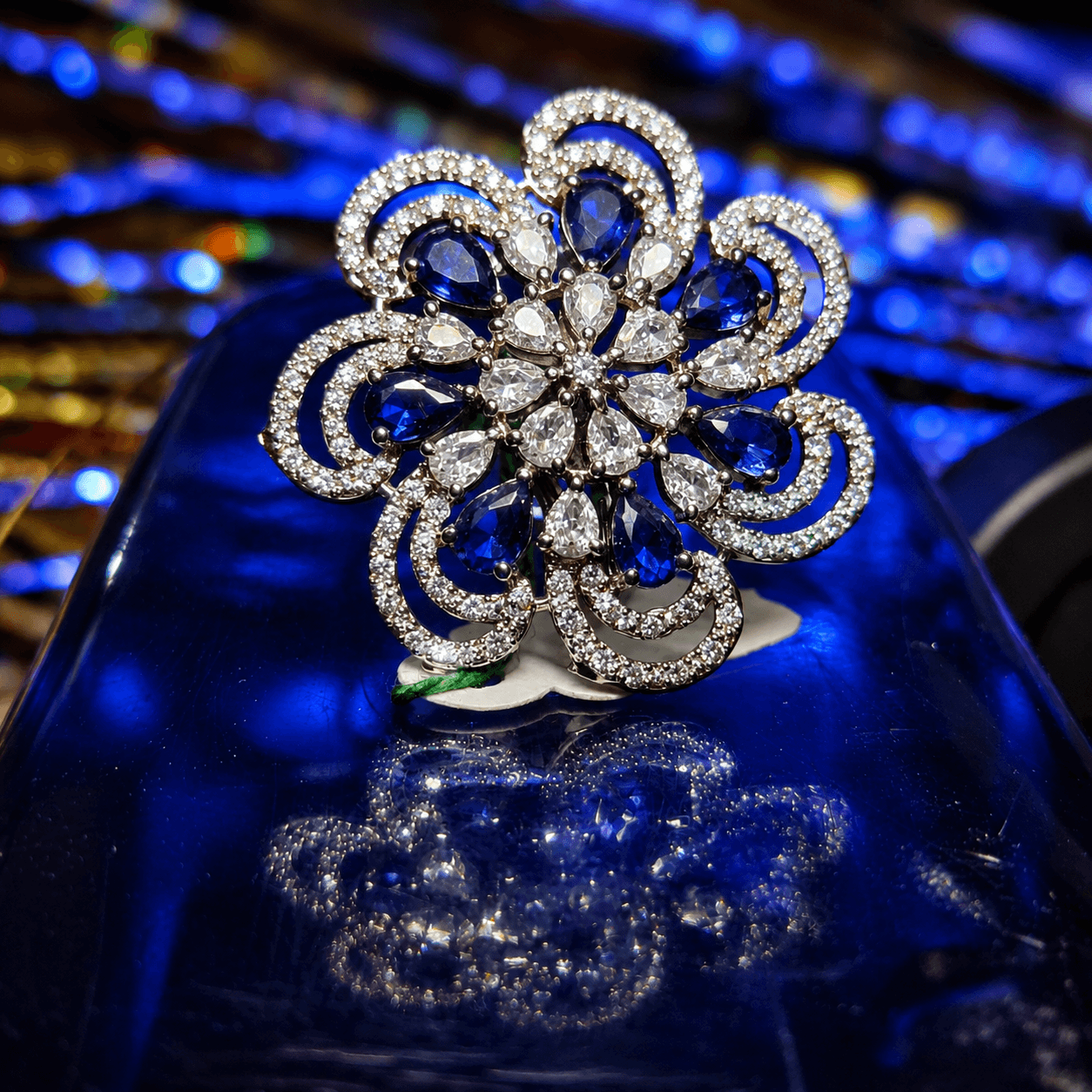Royal Sapphire Bloom Statement Ring – Luxury Crystal Floral Cocktail Ring for Women