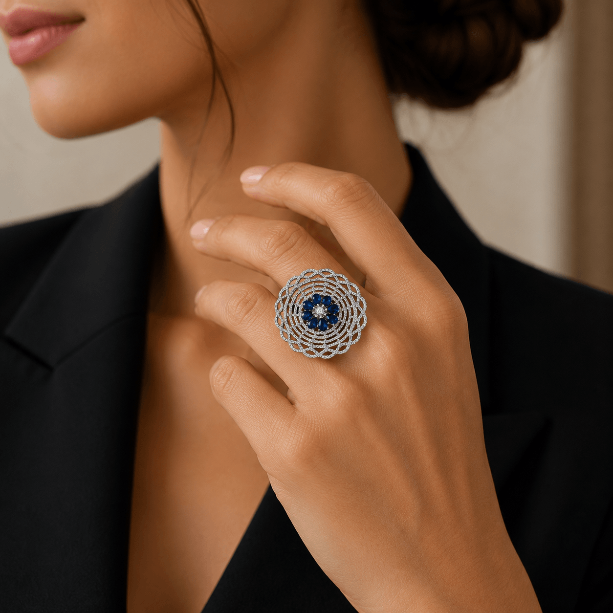 Royal Sapphire Bloom Statement Ring - Image 3