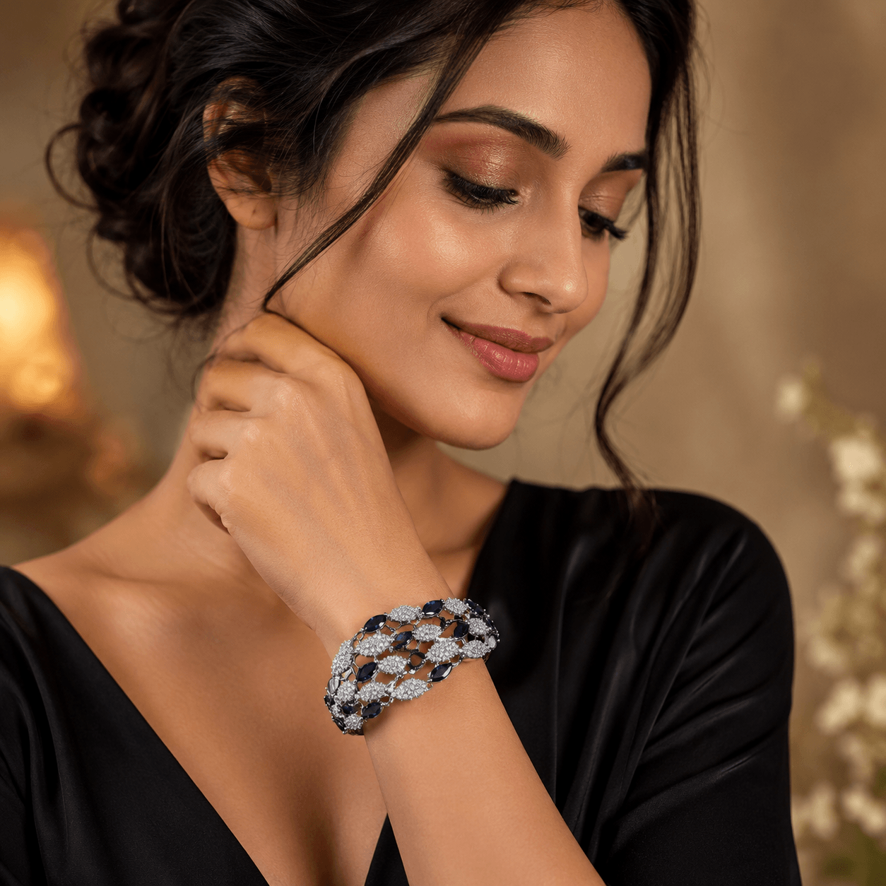 Royal Sapphire Leaf Crystal Kada Bracelet for Women | Premium Silver-Tone CZ Statement Bangle - Image 3