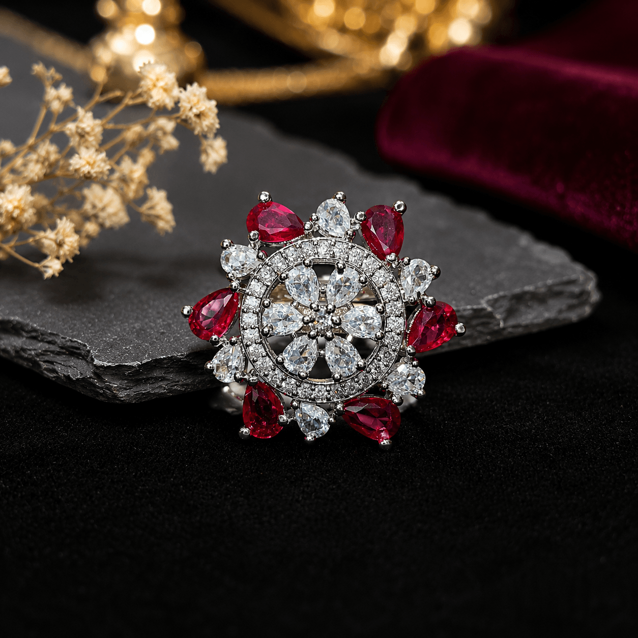 Ruby Bloom Crystal Statement Ring for Women - Image 2