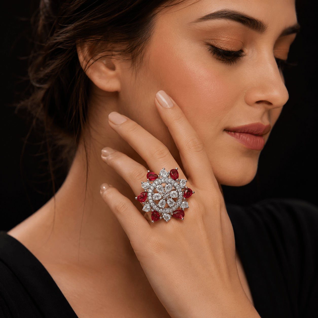 Ruby Bloom Crystal Statement Ring for Women - Image 3