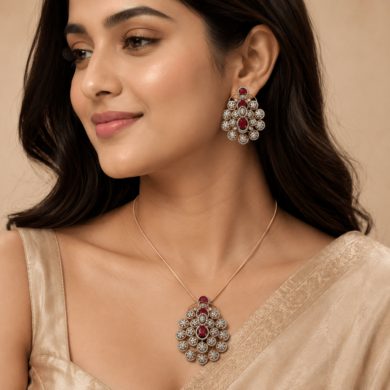 Ruby Floral Pendant & Earrings Set for Women | Elegant Gold-Plated American Diamond Jewelry Set - Image 3