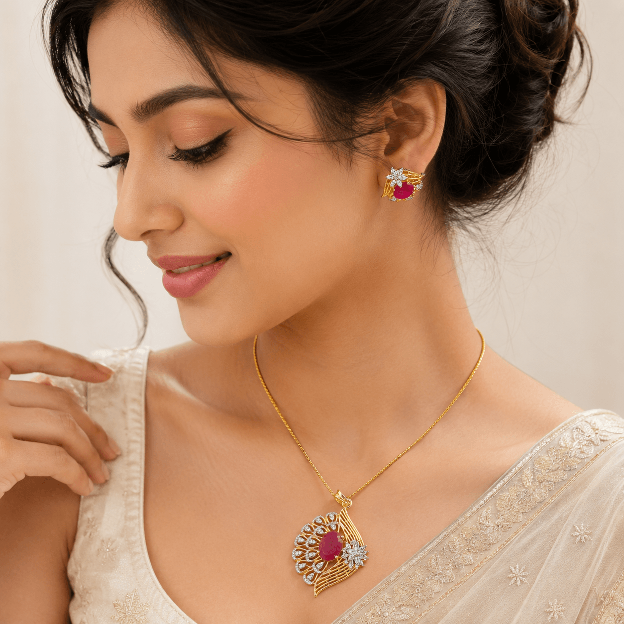Ruby Stone Gold-Plated Pendant Set with Matching Earrings - Image 3