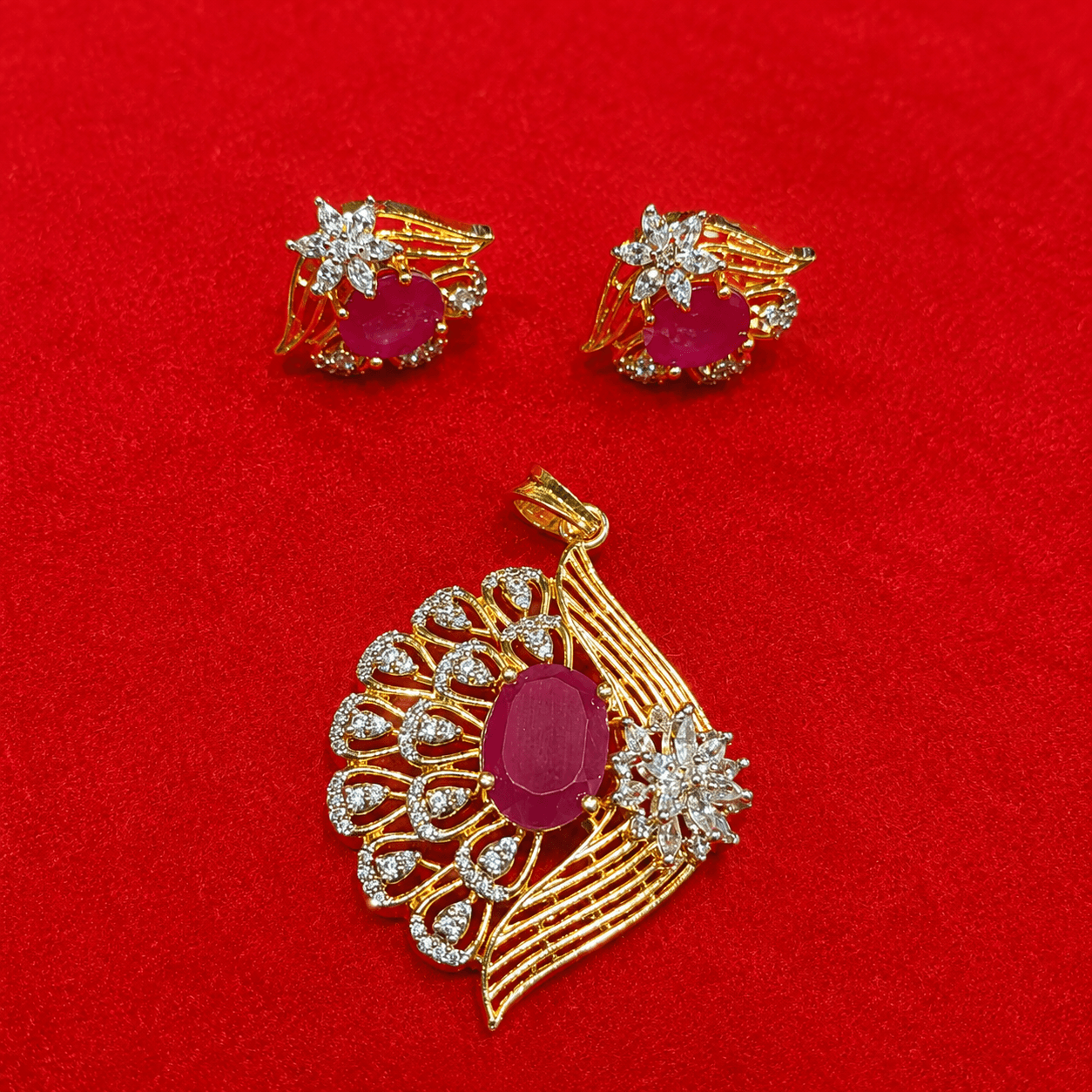 Ruby Stone Gold-Plated Pendant Set with Matching Earrings