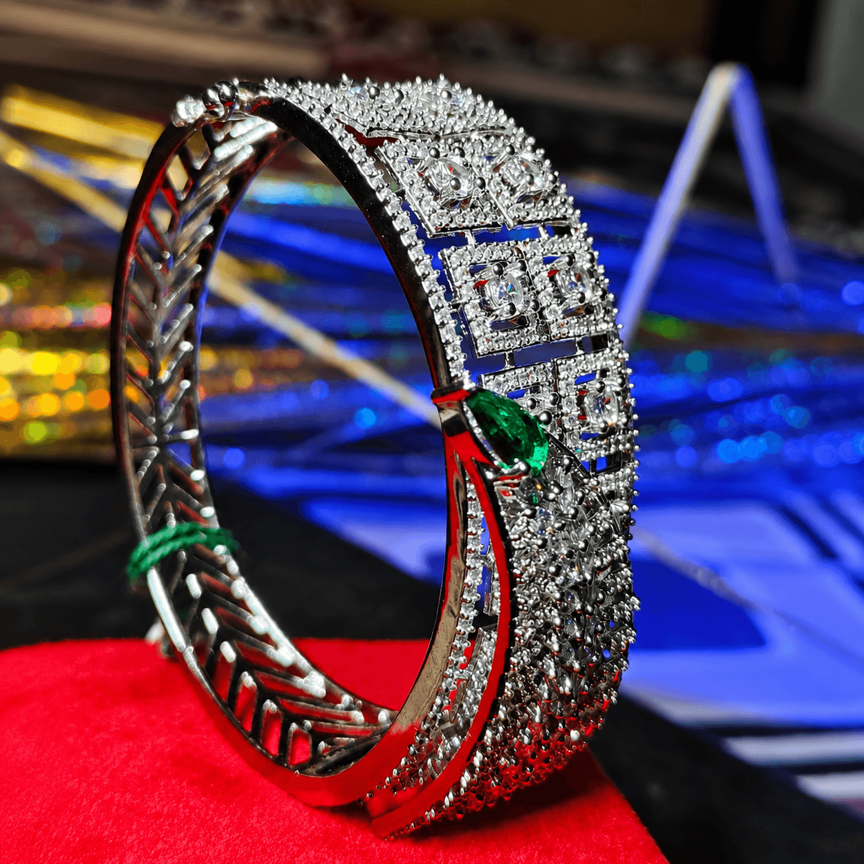 Silver-Tone American Diamond Kada Bracelet with Emerald Accent for Women