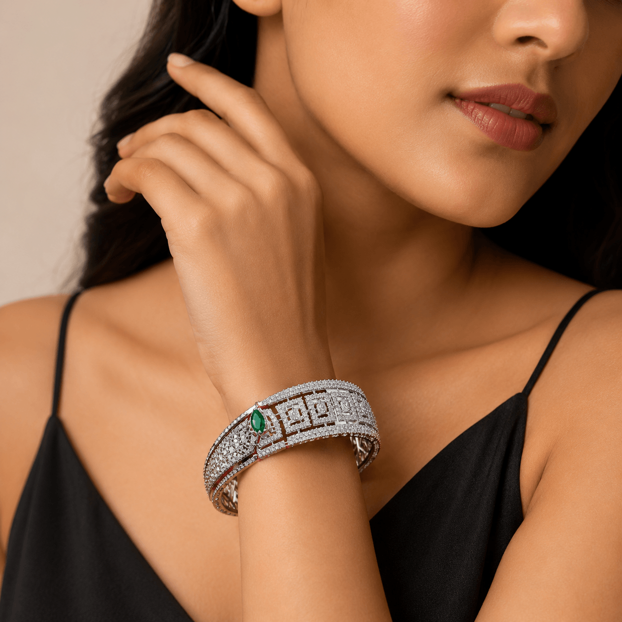 Silver-Tone American Diamond Kada Bracelet with Emerald Accent for Women - Image 3