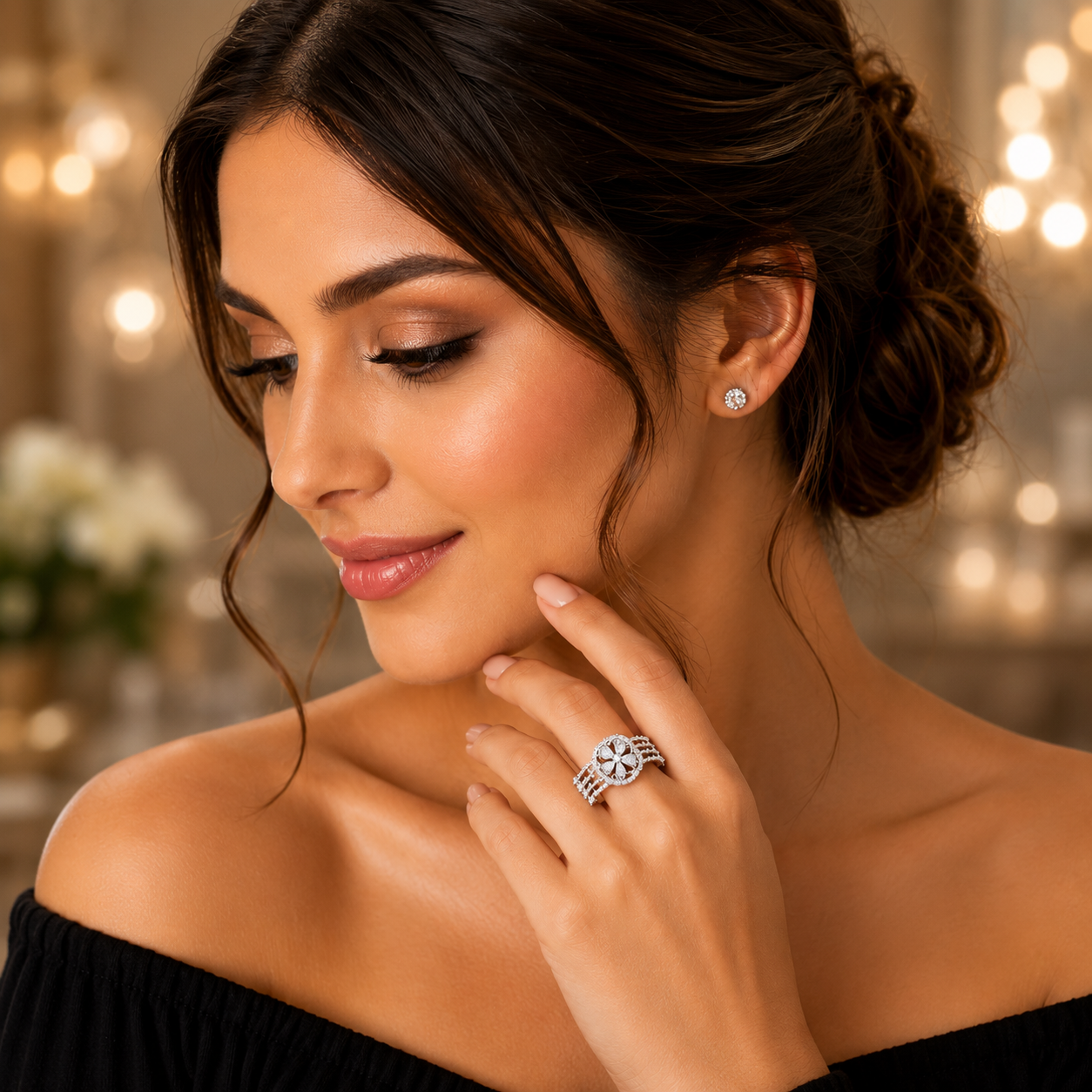 Silver-Tone Flower Design Cocktail Ring with Sparkling Stones - Image 3