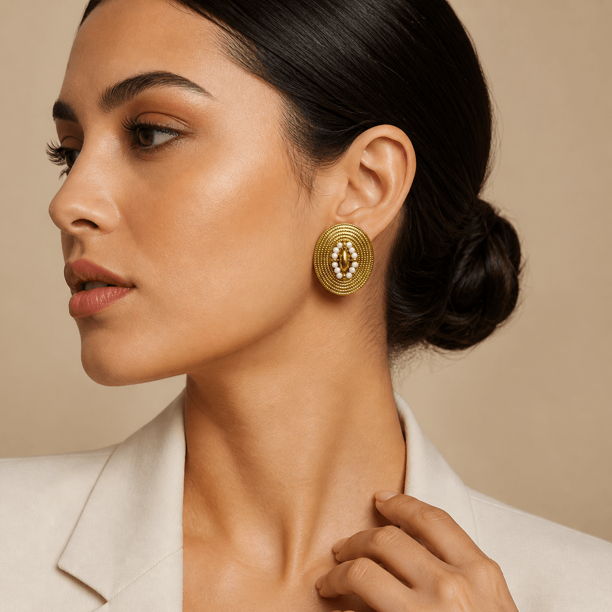 Textured Oval Statement Stud Earrings with White Bead Detailing - Image 3