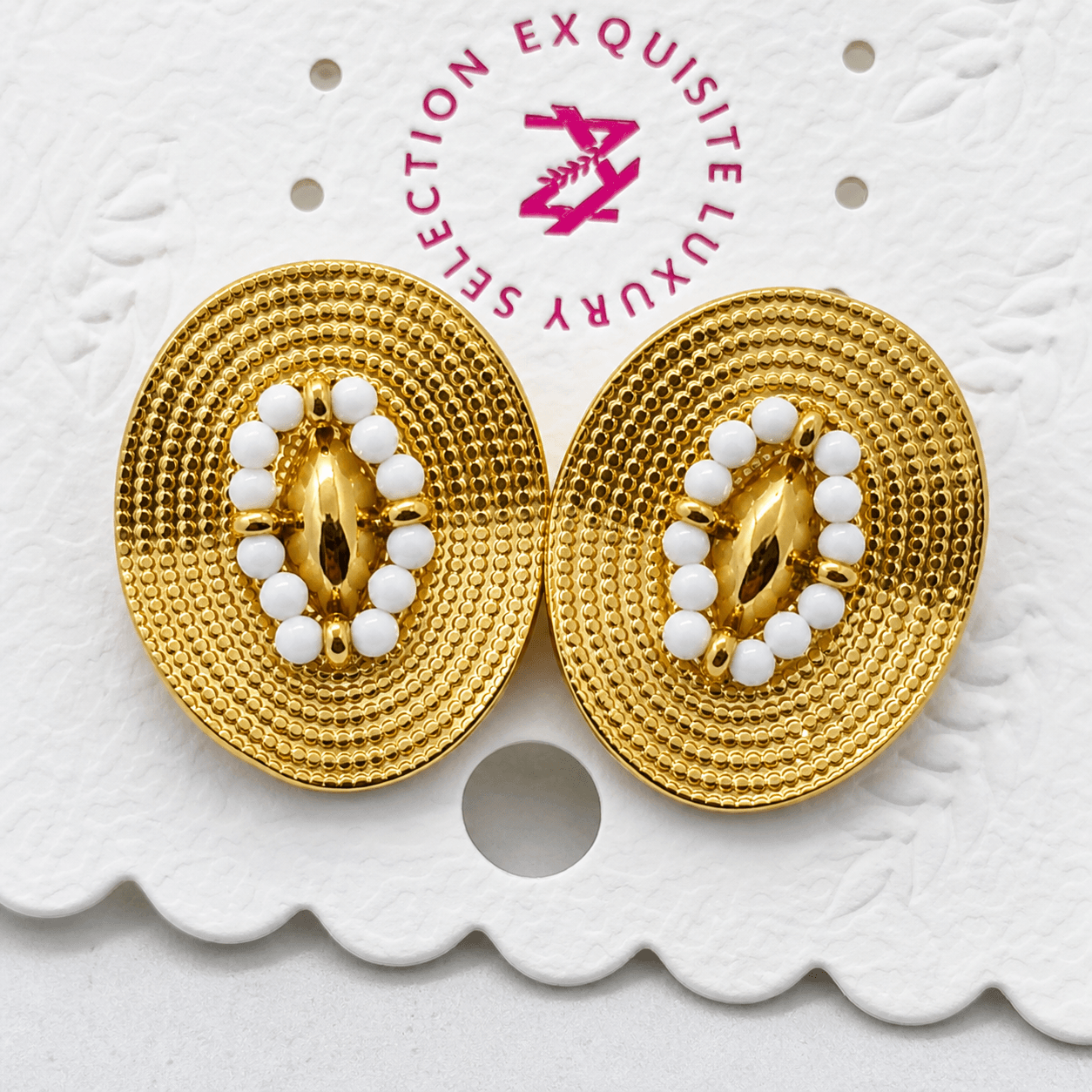 Textured Oval Statement Stud Earrings with White Bead Detailing