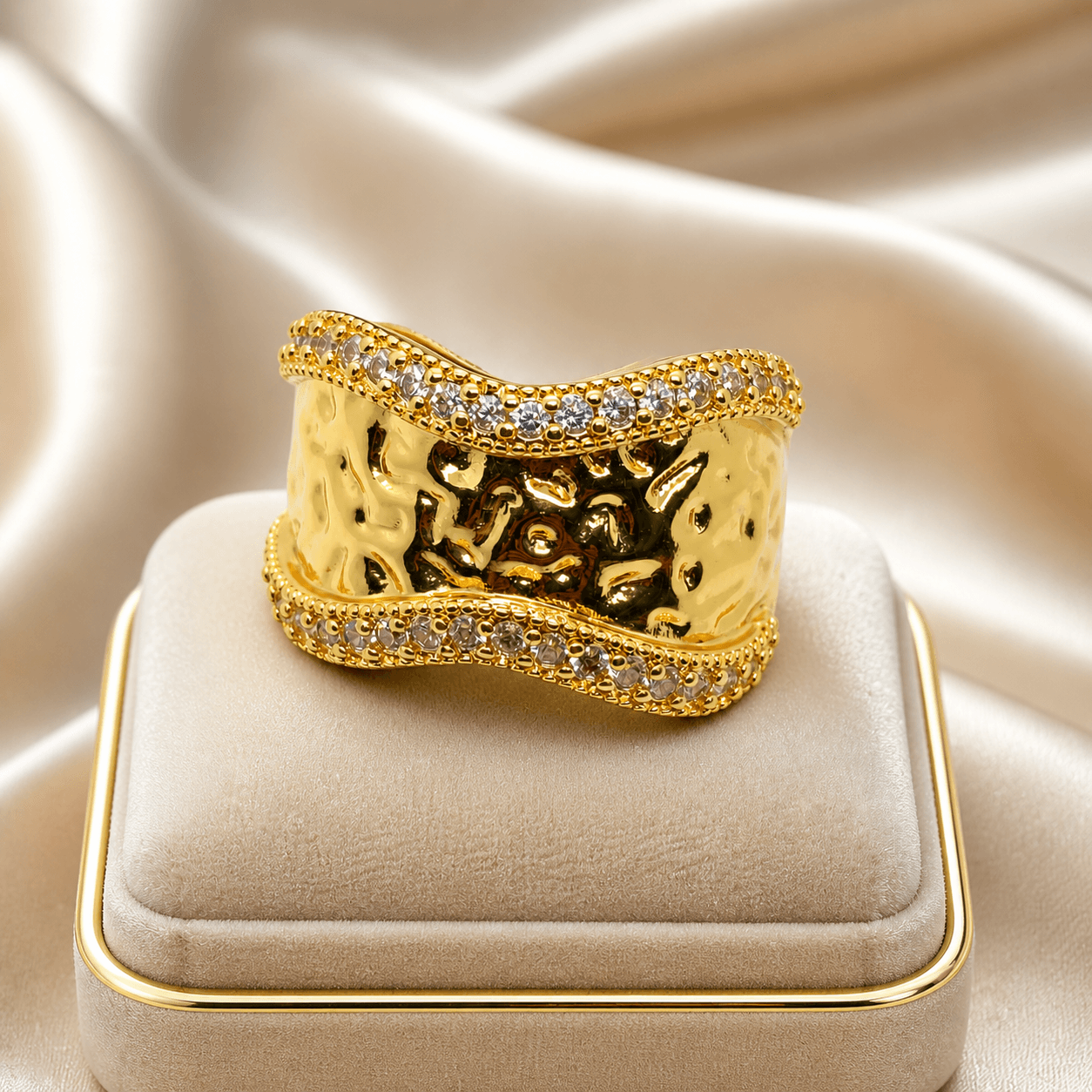 Textured Wave Ring with Sparkling Zircon Stones | Statement Adjustable Designer Ring for Women - Image 2