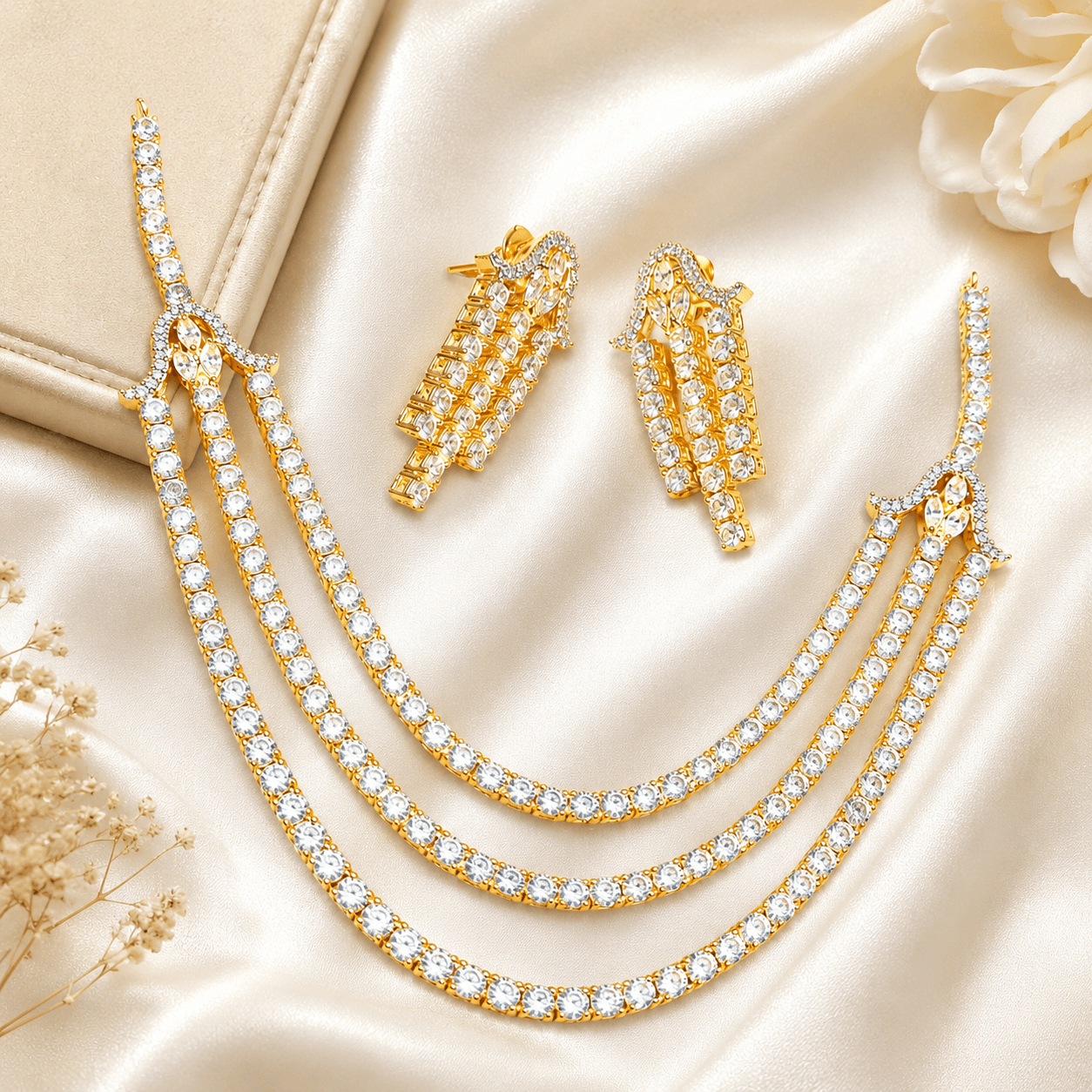 Triple Layer American Diamond Necklace Set for Women - Image 2