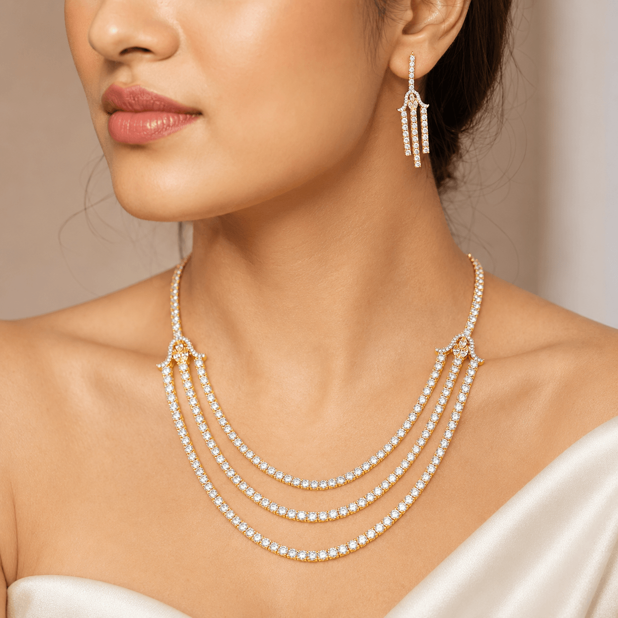 Triple Layer American Diamond Necklace Set for Women - Image 3