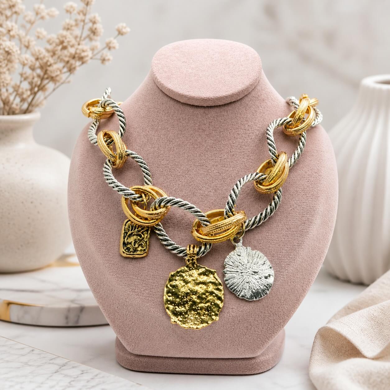 Two-Tone Chunky Link Charm Necklace with Gold & Silver Finish | Statement Fashion Jewelry - Image 2