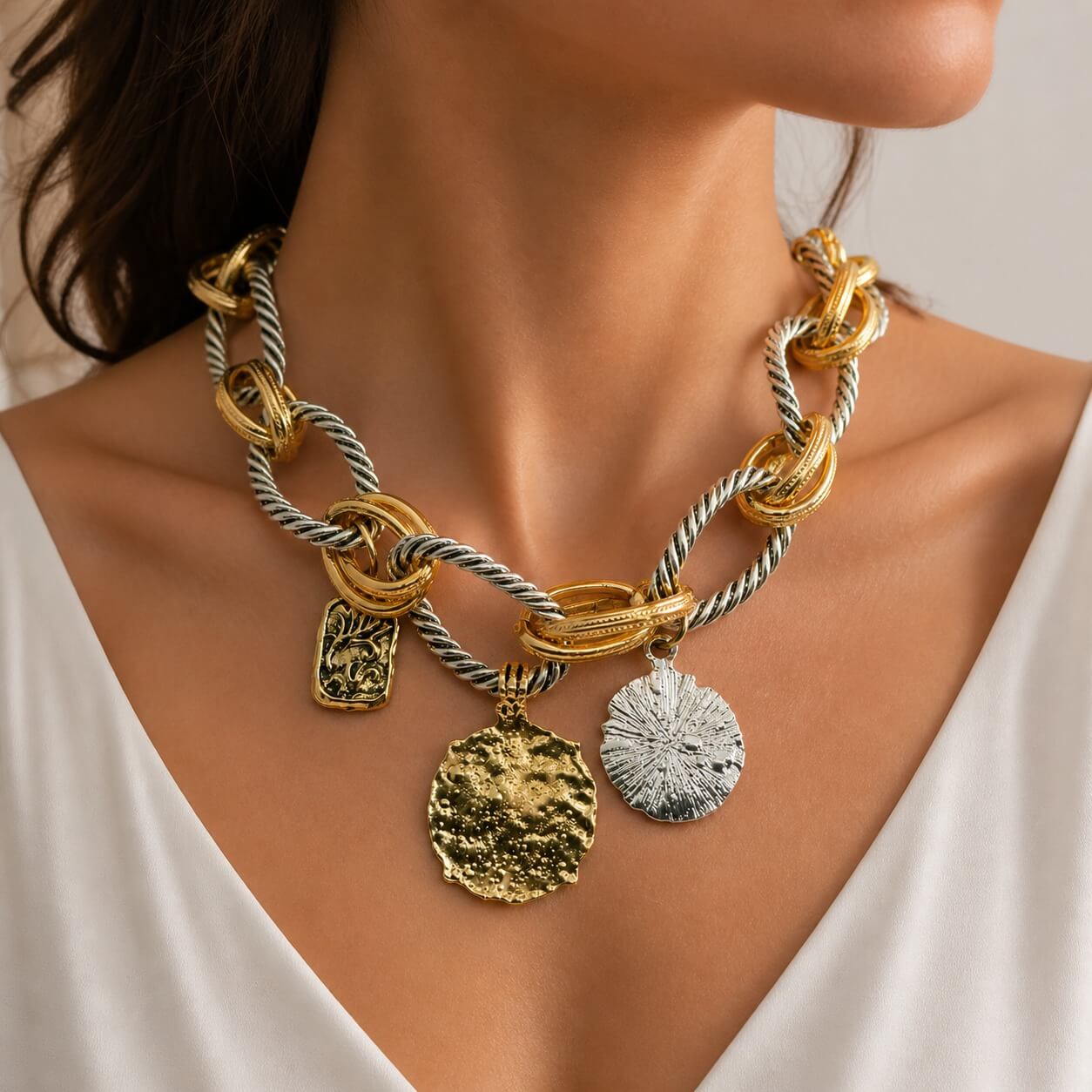 Two-Tone Chunky Link Charm Necklace with Gold & Silver Finish | Statement Fashion Jewelry - Image 3