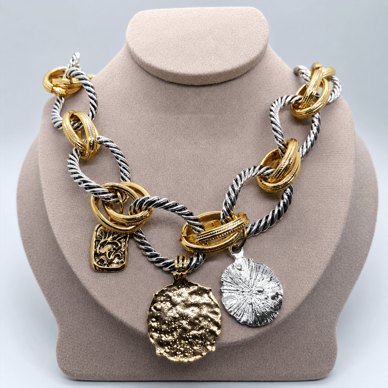 Two-Tone Chunky Link Charm Necklace with Gold & Silver Finish | Statement Fashion Jewelry