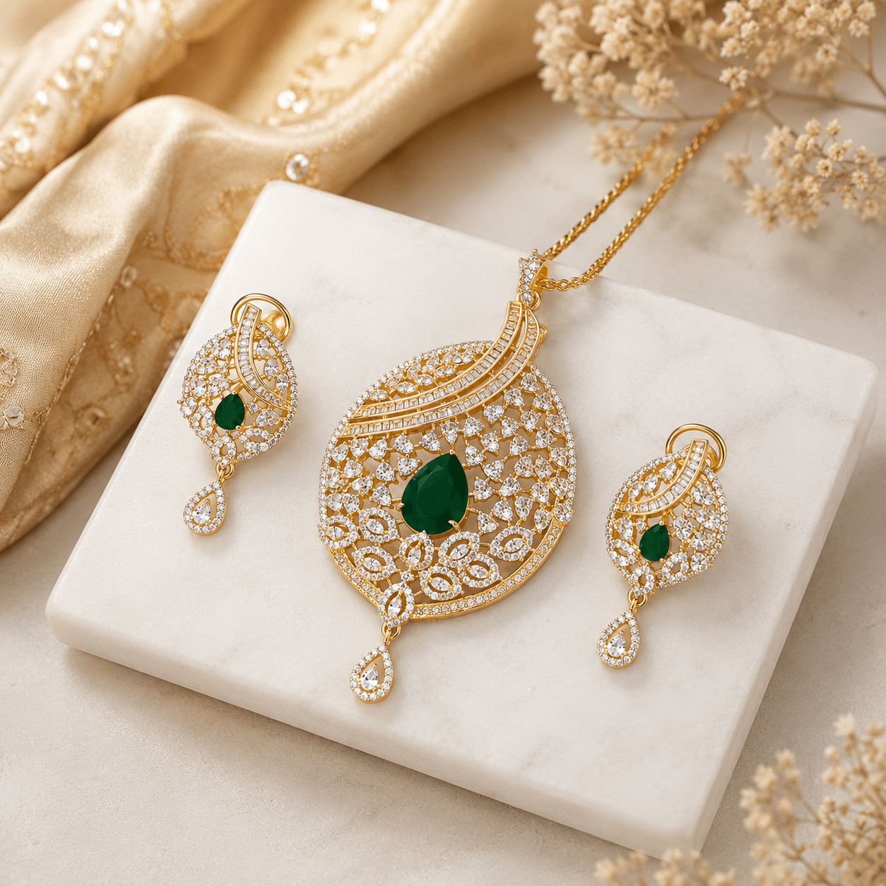 Statement Gold Plated CZ Pendant Set with Emerald Green Accent & Matching Drop Earrings - Image 3