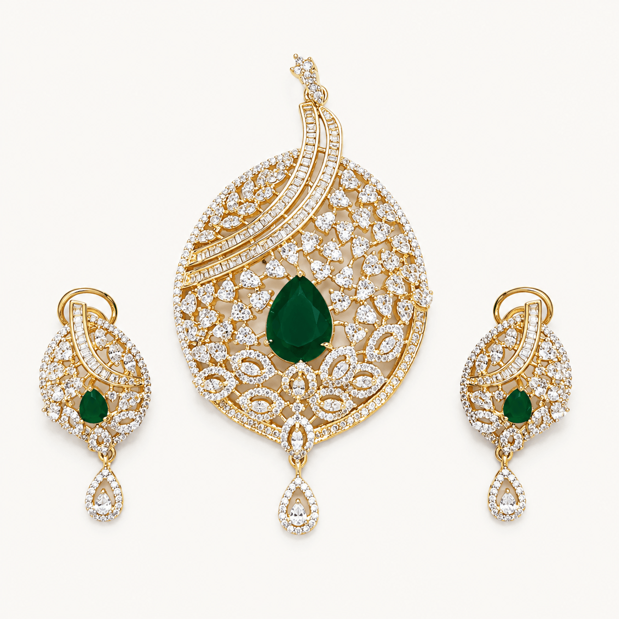 Statement Gold Plated CZ Pendant Set with Emerald Green Accent & Matching Drop Earrings