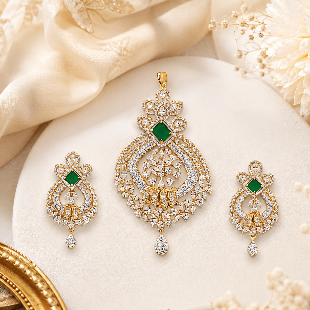 18K Gold Plated Green Emerald CZ Pendant Set with American Diamonds | Designer Bridal Pendant & Earrings for Women - Image 2