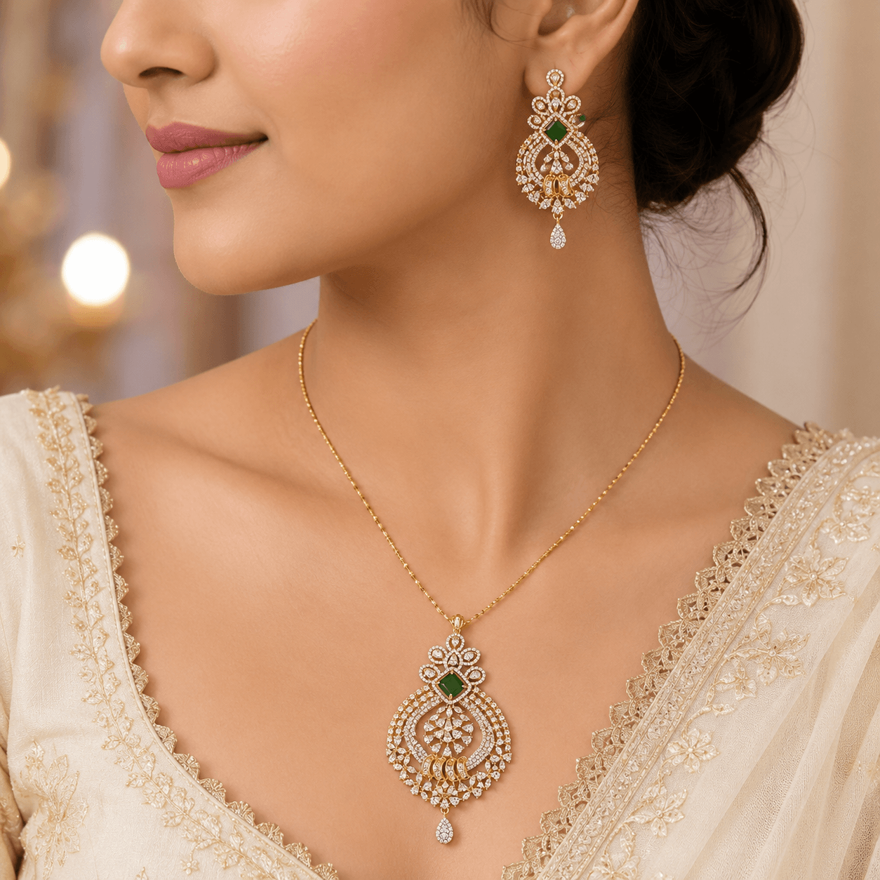 18K Gold Plated Green Emerald CZ Pendant Set with American Diamonds | Designer Bridal Pendant & Earrings for Women - Image 3