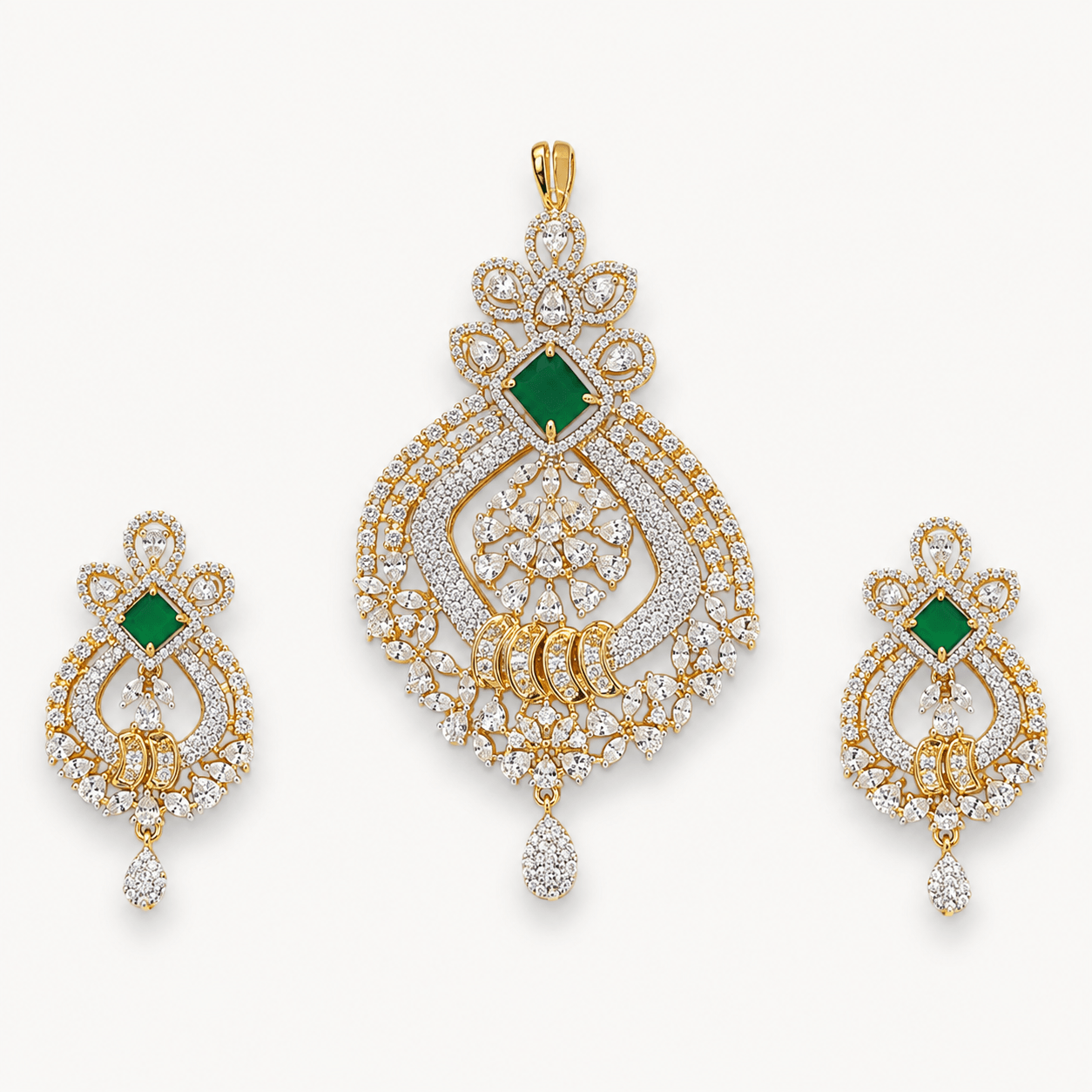 18K Gold Plated Green Emerald CZ Pendant Set with American Diamonds | Designer Bridal Pendant & Earrings for Women