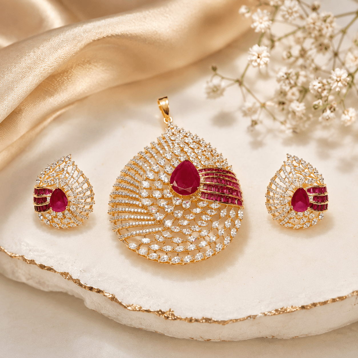 Designer Gold Finish Ruby Red Pendant Jewelry Set | Statement Pendant with Matching Earrings - Image 3