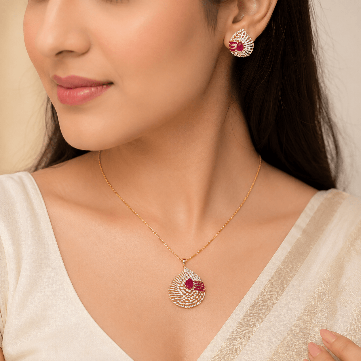 Designer Gold Finish Ruby Red Pendant Jewelry Set | Statement Pendant with Matching Earrings - Image 2