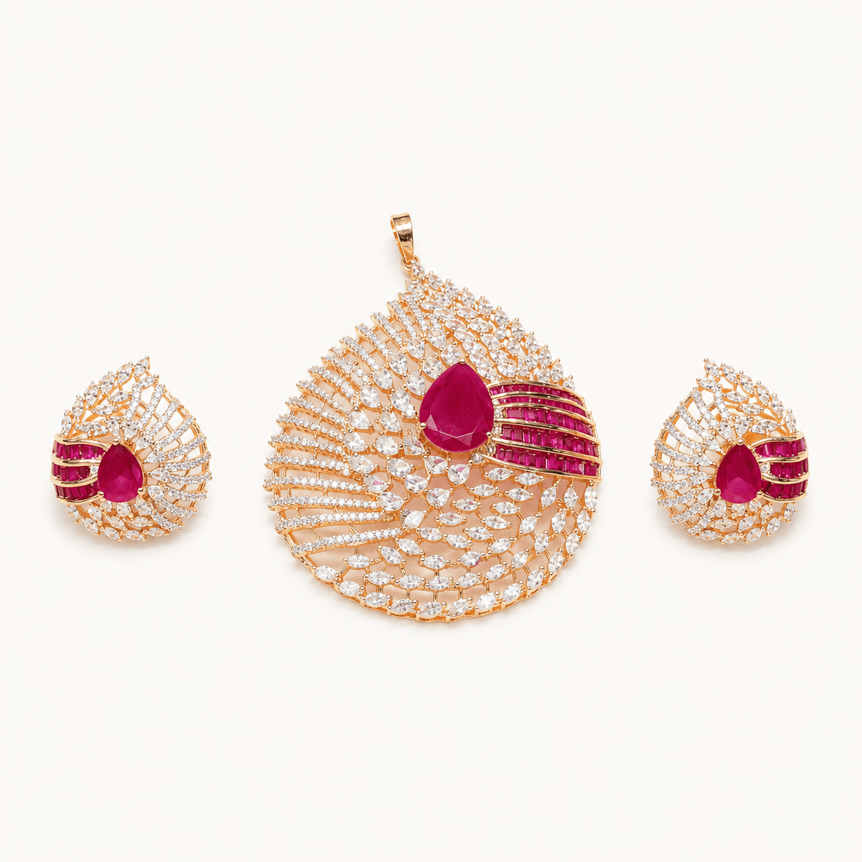 Designer Gold Finish Ruby Red Pendant Jewelry Set | Statement Pendant with Matching Earrings