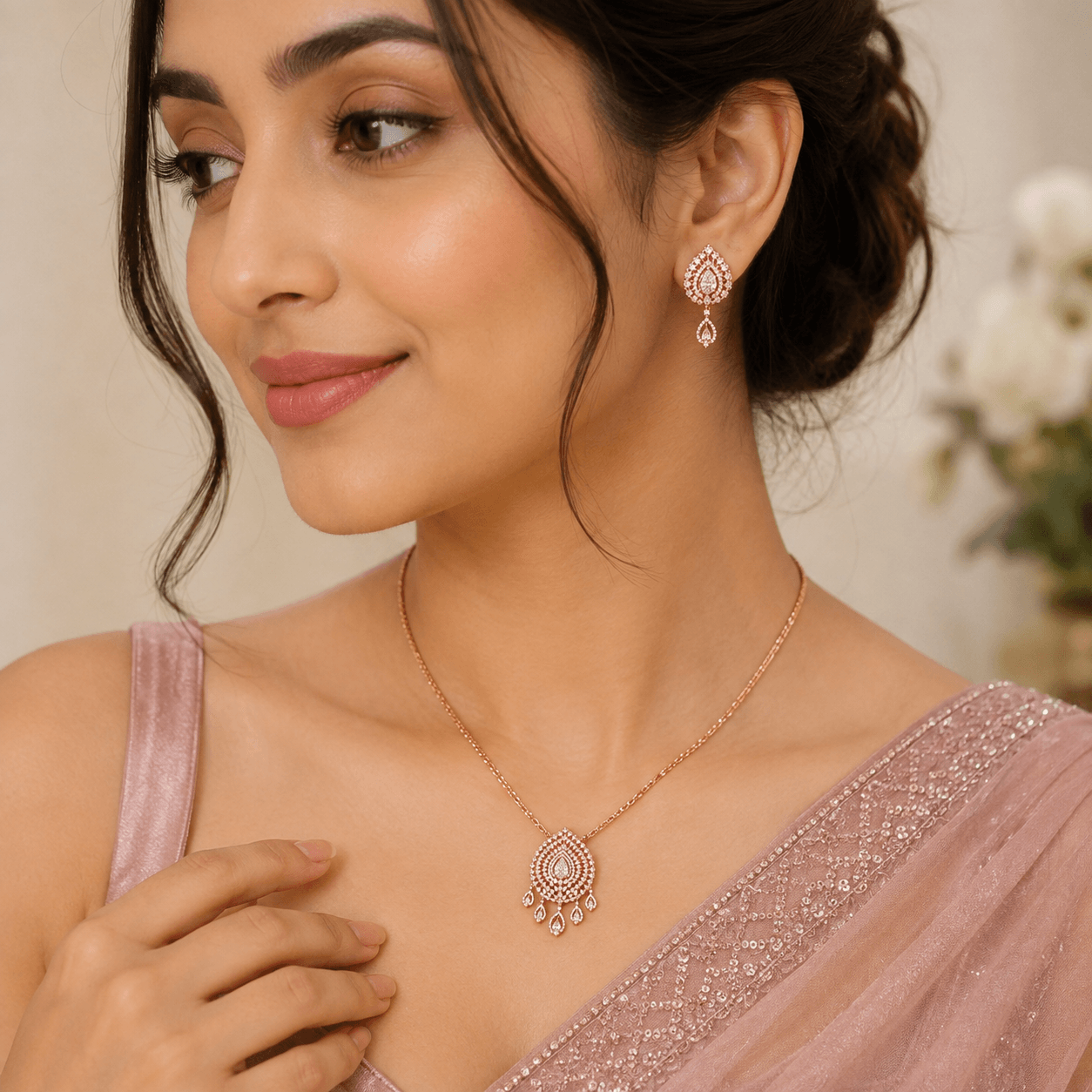 Designer Pear Shape American Diamond Pendant Set with Matching Earrings | Rose Gold Jewellery - Image 3