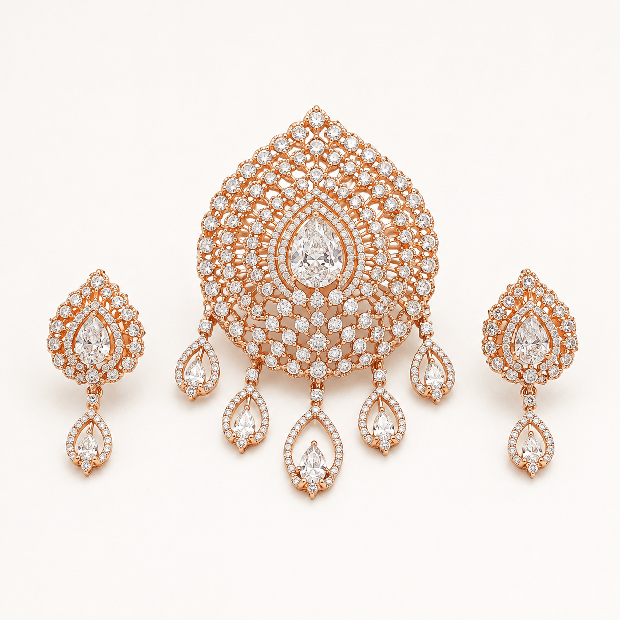 Designer Pear Shape American Diamond Pendant Set with Matching Earrings | Rose Gold Jewellery