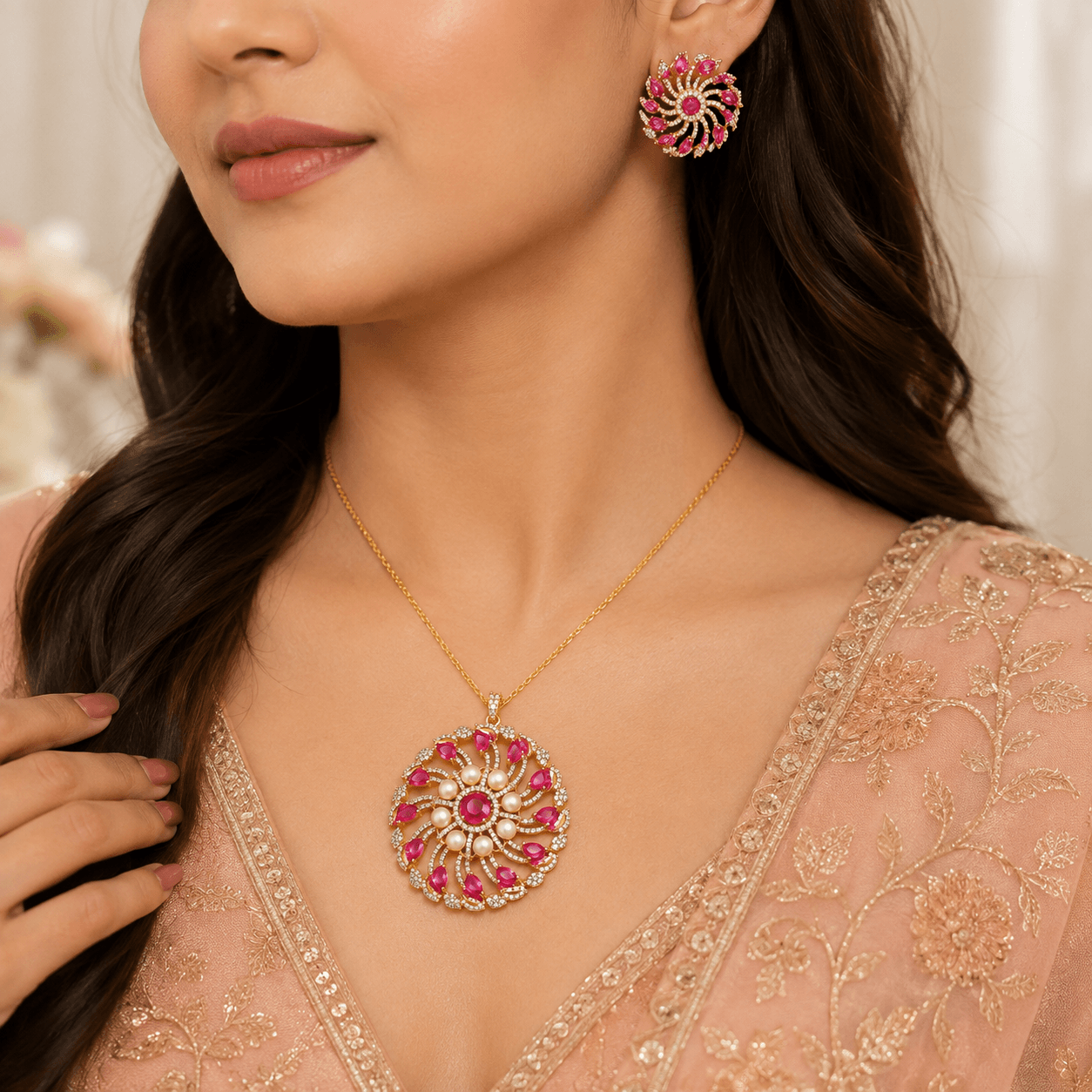 Elegant Floral Swirl Pendant Necklace Set with Pink Ruby Stones, Pearls & CZ Earrings - Image 3