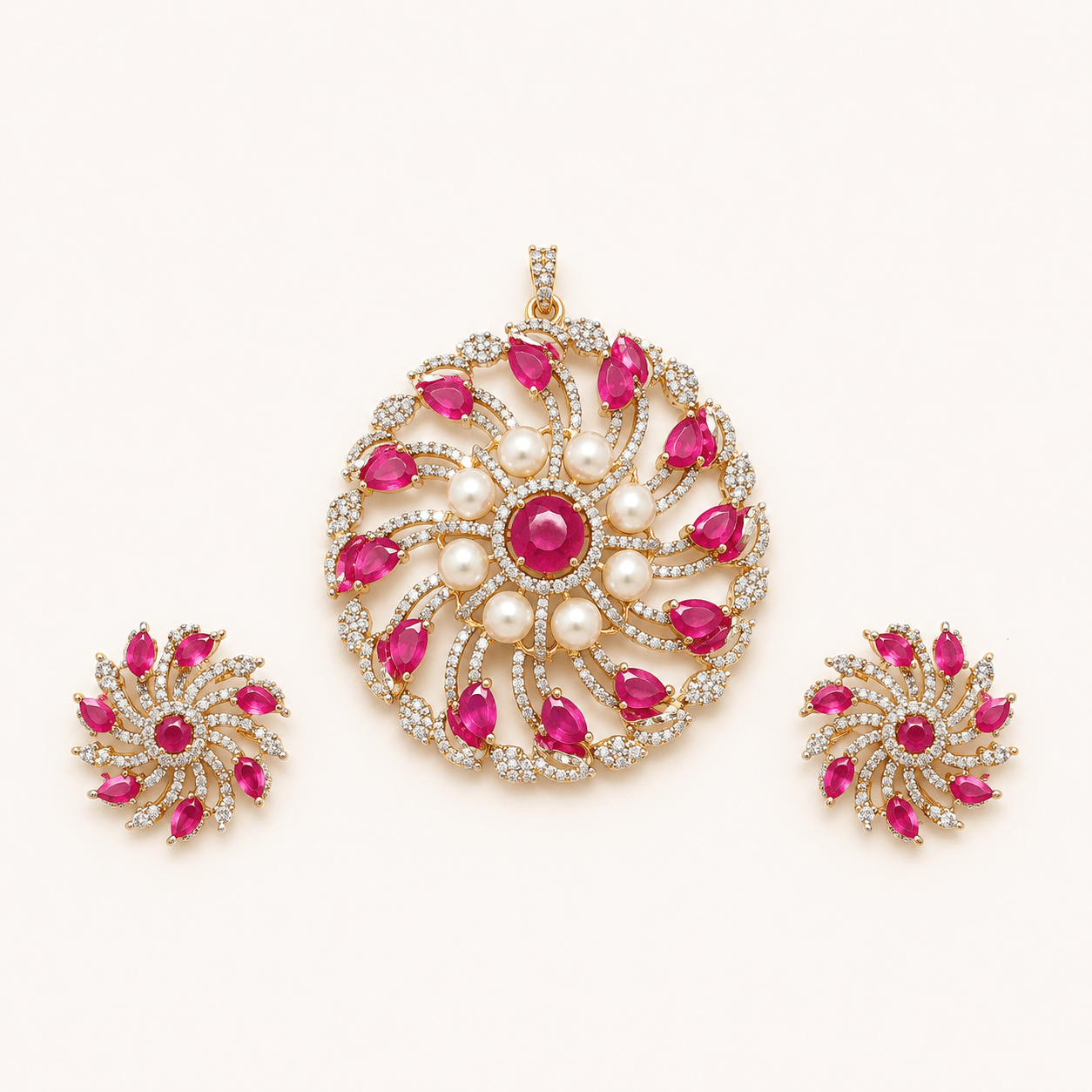 Elegant Floral Swirl Pendant Necklace Set with Pink Ruby Stones, Pearls & CZ Earrings