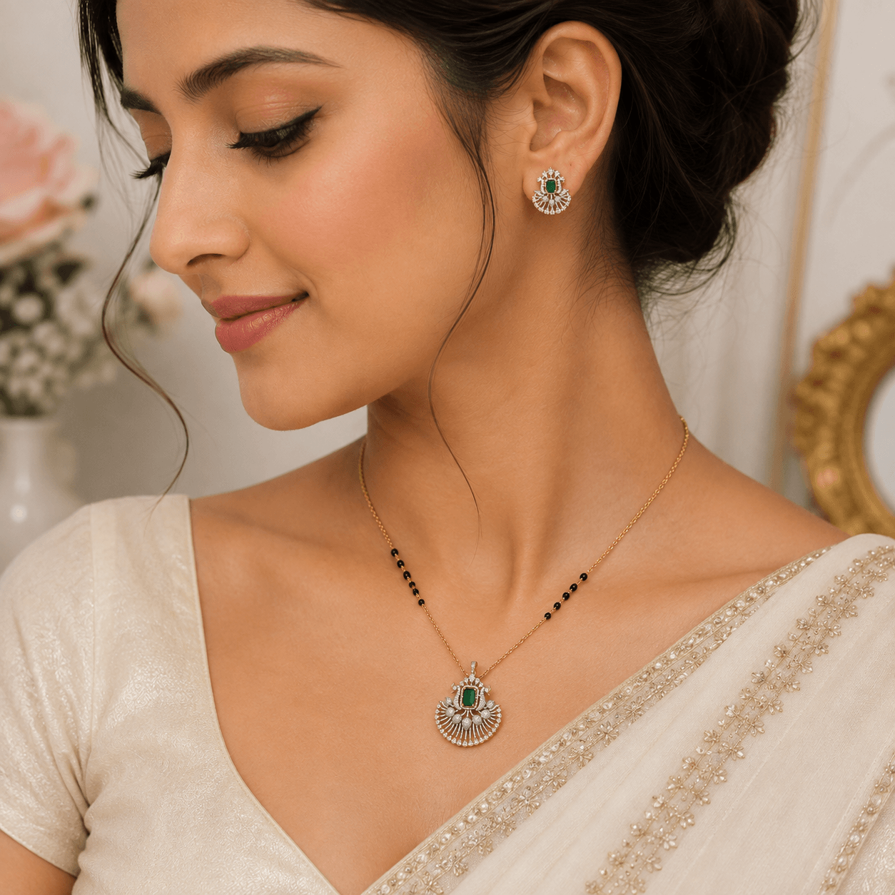 Elegant Peacock CZ Pendant Set with Green Emerald-Cut Stone & Matching Earrings | Wedding & Festive Jewelry - Image 3