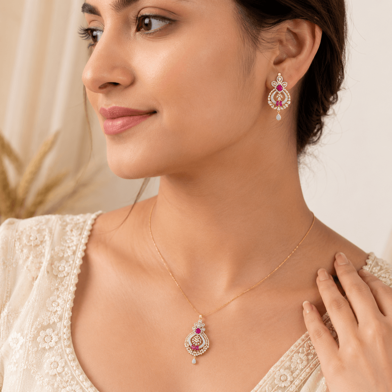 Elegant Ruby Stone Pendant Set with Matching Earrings | American Diamond Gold Finish Jewelry for Women - Image 3