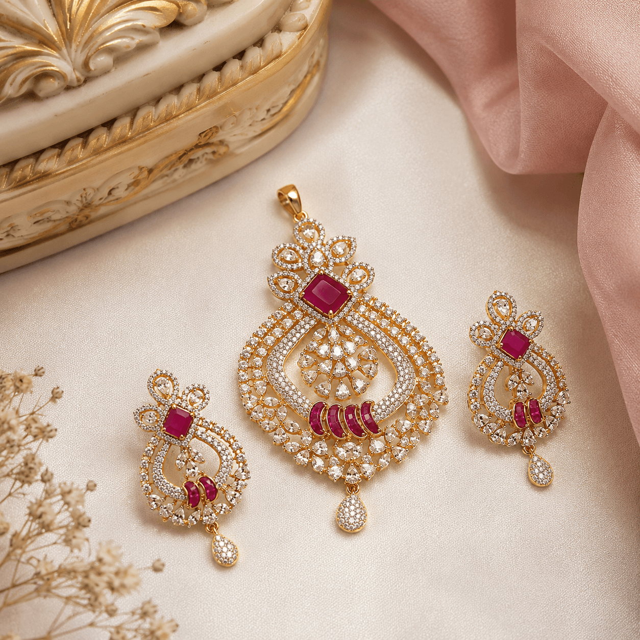 Elegant Ruby Stone Pendant Set with Matching Earrings | American Diamond Gold Finish Jewelry for Women - Image 2