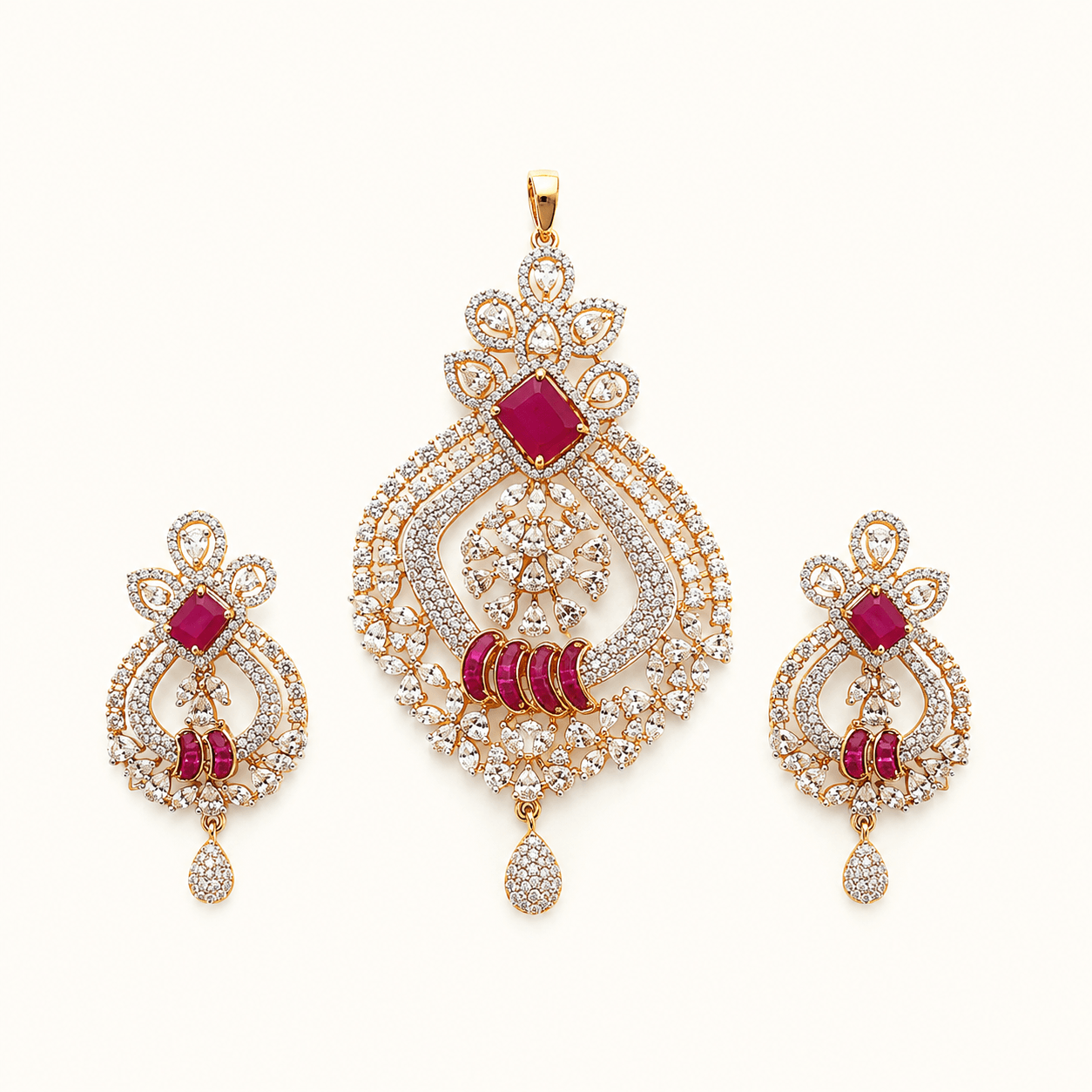 Elegant Ruby Stone Pendant Set with Matching Earrings | American Diamond Gold Finish Jewelry for Women