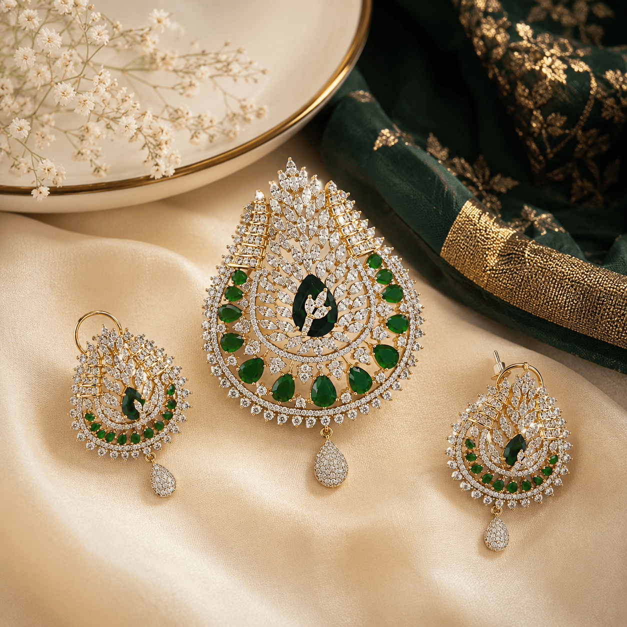 Royal Emerald Green CZ Pendant Set for Women | Rhodium Plated American Diamond Pendant with Earrings - Image 2
