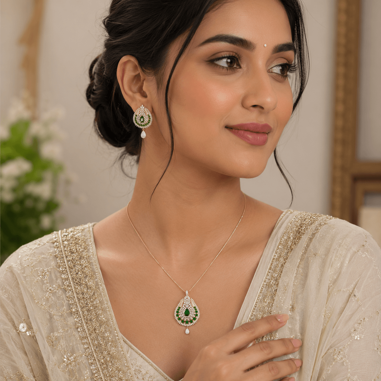 Royal Emerald Green CZ Pendant Set for Women | Rhodium Plated American Diamond Pendant with Earrings - Image 3